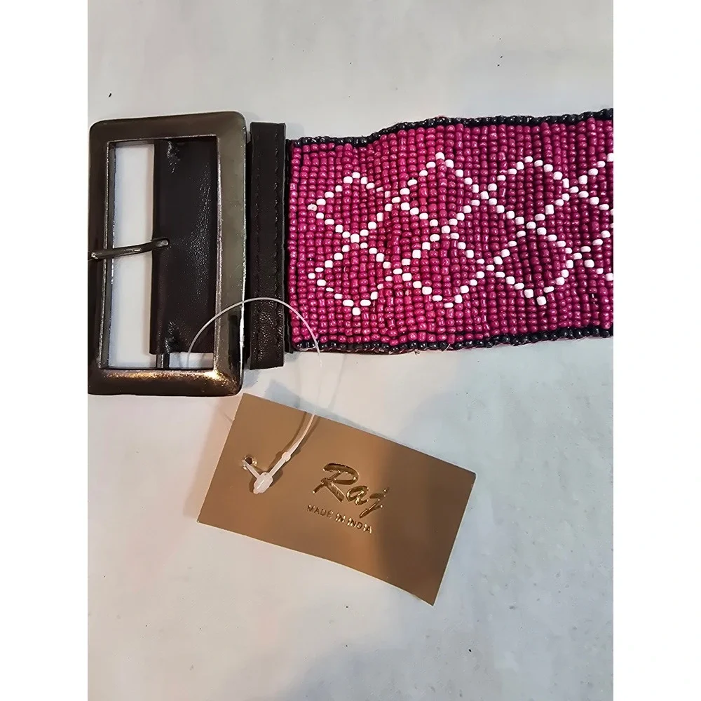 Rag Beaded Belt Green Pink‎ Red Geometric Pattern Statement Buckle New XS-S